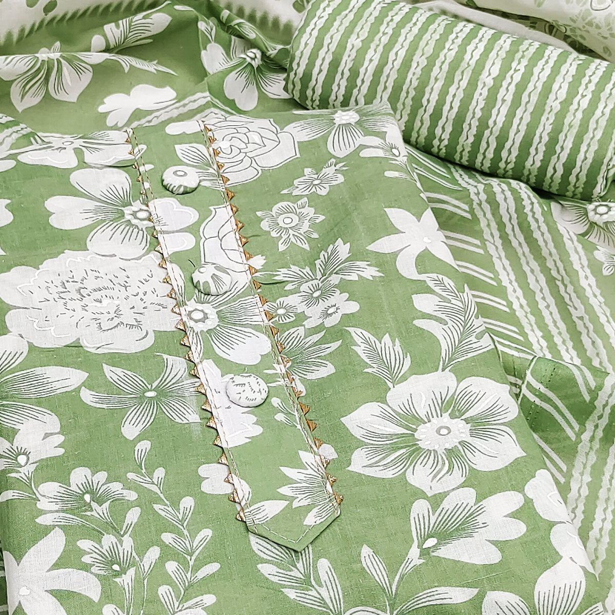 Green Floral Printed Pure Cotton Dress Material With A Fresh Elegant Appeal