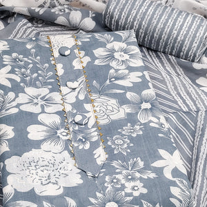 Grey Floral Printed Pure Cotton Dress Material With A Fresh Elegant Appeal
