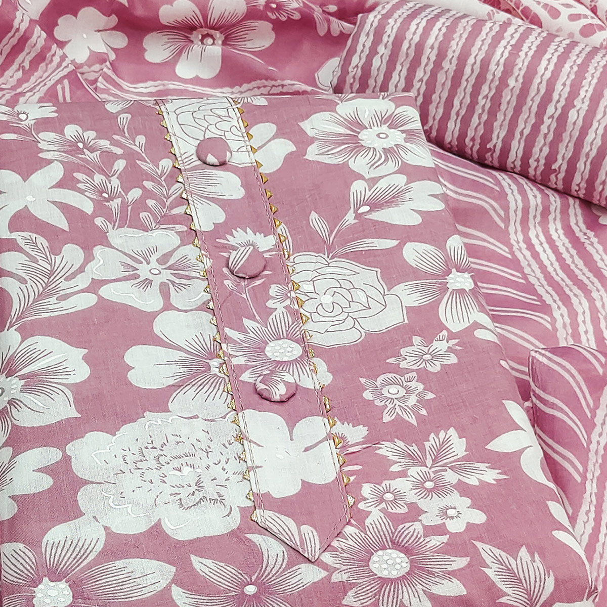 Onion Pink Floral Printed Pure Cotton Dress Material With A Fresh Elegant Appeal