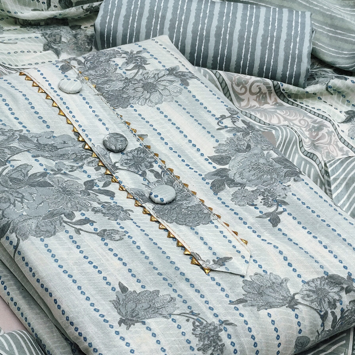 Refreshing Bluish Grey Floral Printed Pure Cotton Dress Material For Everyday Comfort