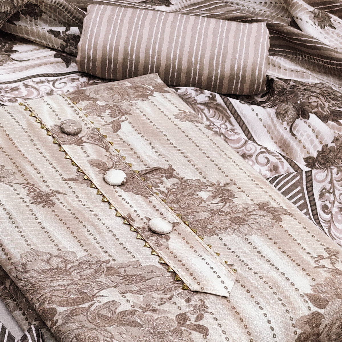 Refreshing Brown Floral Printed Pure Cotton Dress Material For Everyday Comfort