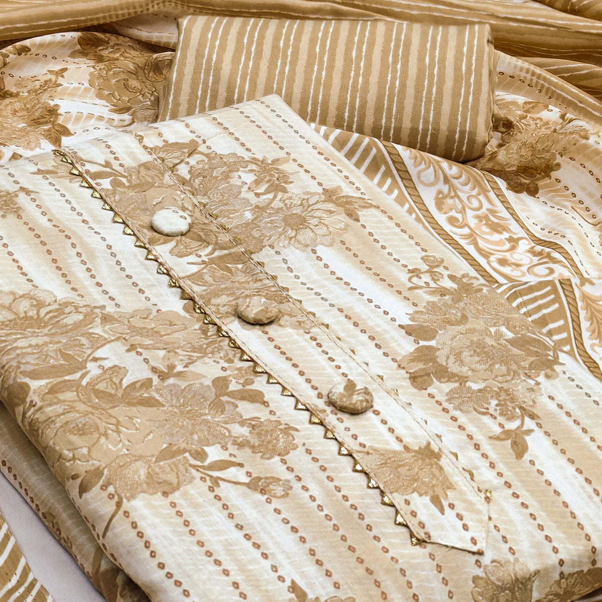 Refreshing Chikoo Floral Printed Pure Cotton Dress Material For Everyday Comfort