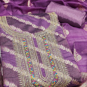 Rich Purple Banarasi Silk Dress Material Featuring Floral Weaving & Neck Cording Embroidery
