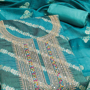 Rich Rama Blue Banarasi Silk Dress Material Featuring Floral Weaving & Neck Cording Embroidery