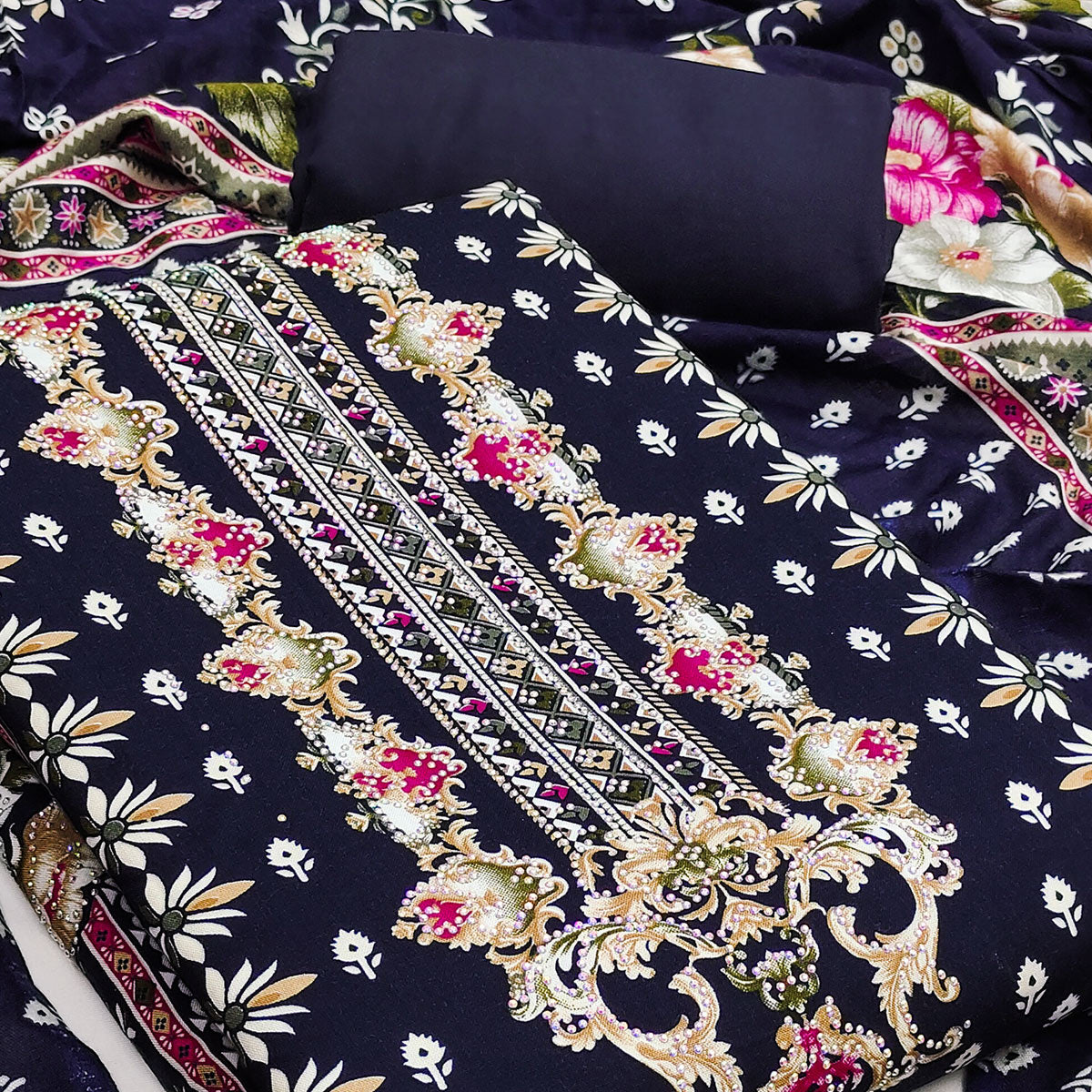 Navy Blue Floral Printed Rayon Dress Material Enhanced With Sparkling Swarovski Work