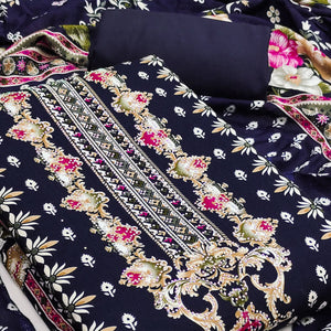 Navy Blue Floral Printed Rayon Dress Material Enhanced With Sparkling Swarovski Work