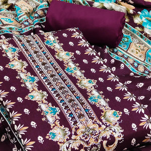 Wine Floral Printed Rayon Dress Material Enhanced With Sparkling Swarovski Work