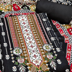 Black Floral Printed Rayon Dress Material Accented With Premium Swarovski Work