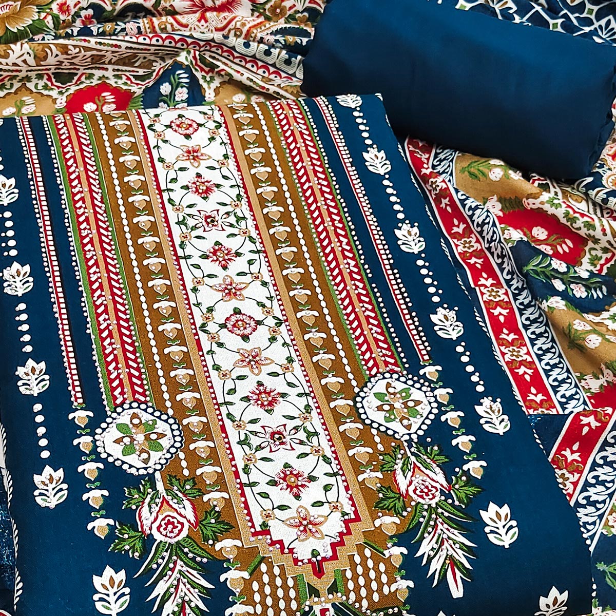 Blue Floral Printed Rayon Dress Material Accented With Premium Swarovski Work