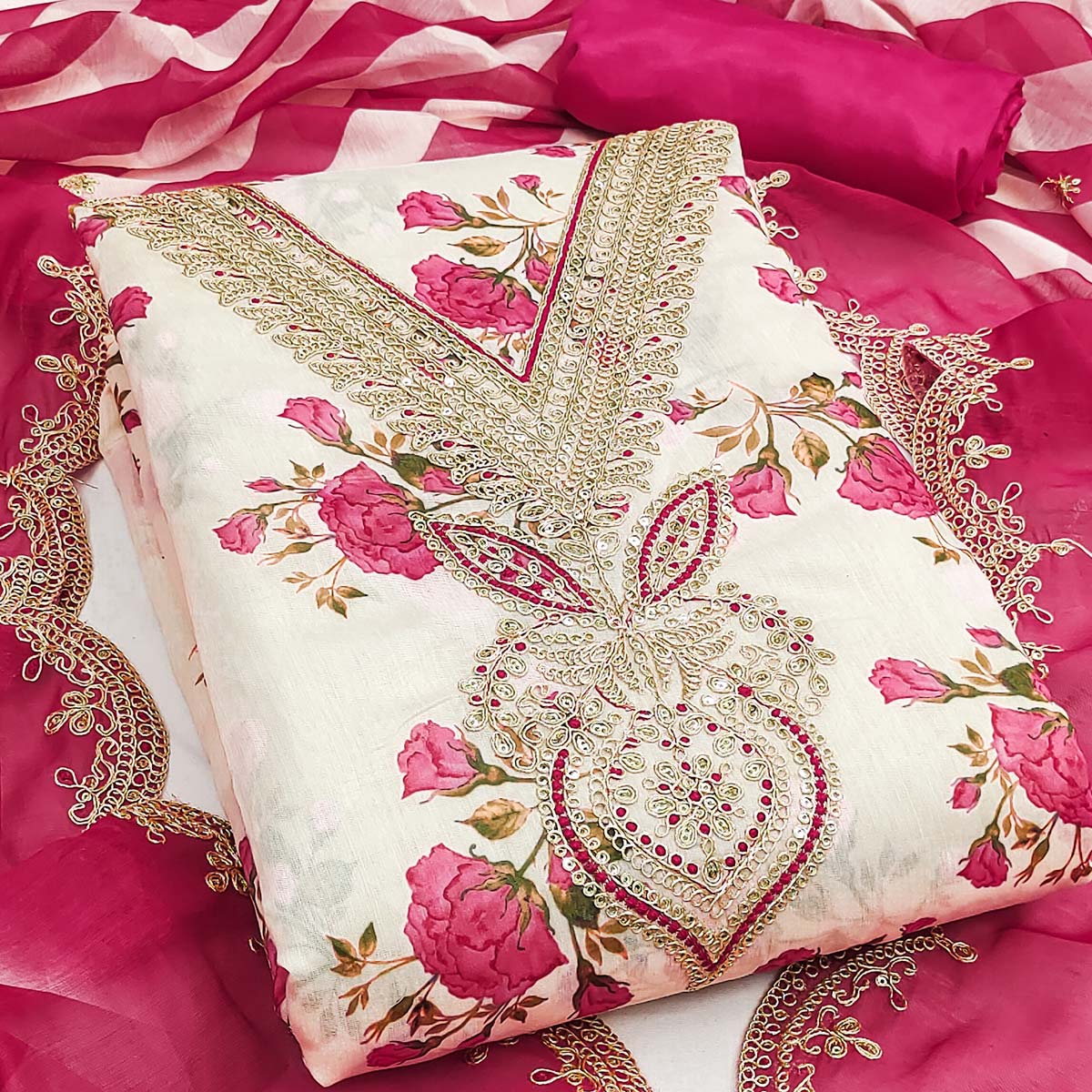 Elegant Cream & Pink Digital Floral Print Modal Chanderi Silk Dress Material With Cording Embroidery