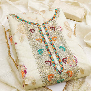 Graceful Cream Floral Weaving Modal Chanderi Silk Dress Material With Cording Neck Embroidery Work