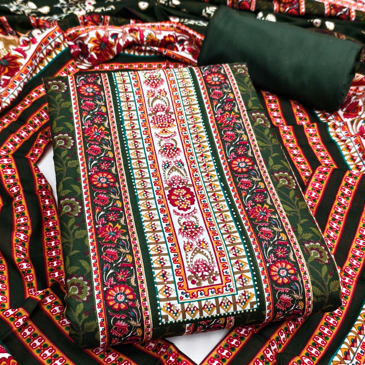 Charming Mehendi Green Floral Rayon Dress Material Enhanced With Premium Swarovski Embellishment