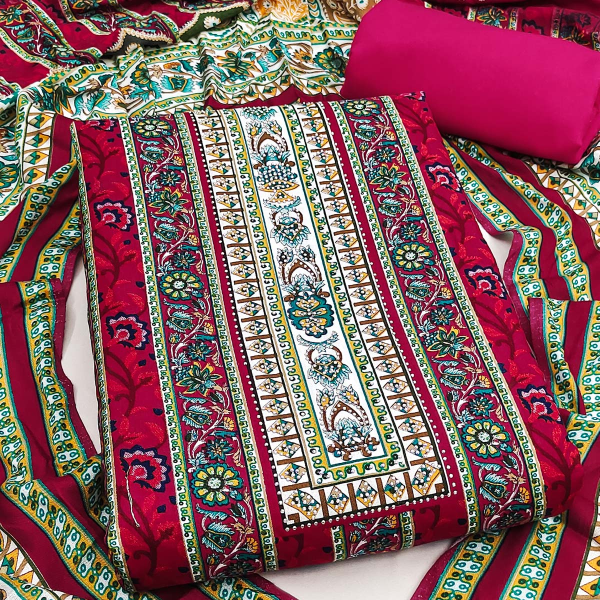 Charming Pink Floral Rayon Dress Material Enhanced With Premium Swarovski Embellishment Work