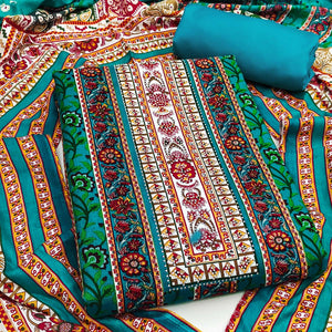 Charming Rama Blue Floral Rayon Dress Material Enhanced With Premium Swarovski Embellishment Work