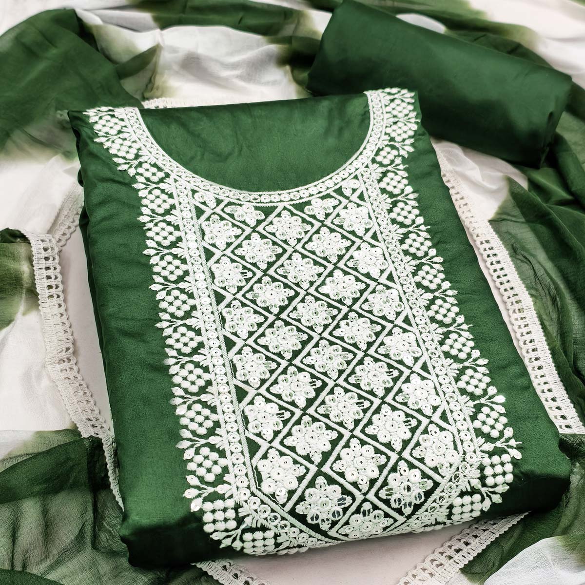 Designer Green Pure Cotton Dress Material Showcasing Floral Thread Embroidery & Luxe Sequins Work