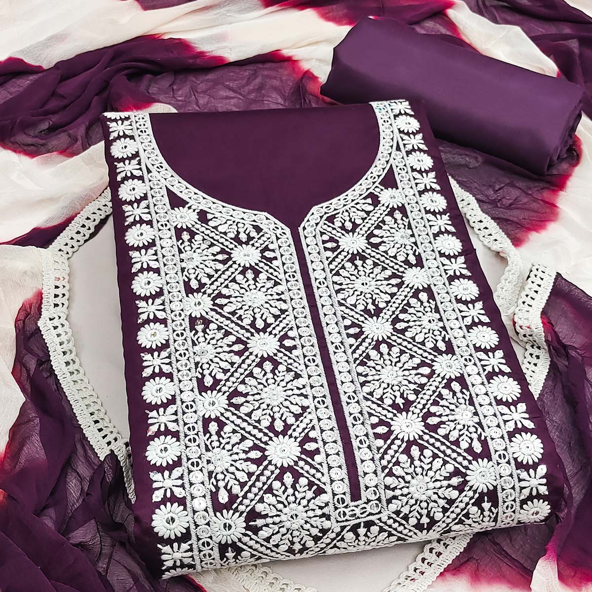 Designer Wine Pure Cotton Dress Material Showcasing Floral Thread Embroidery & Luxe Sequins Work