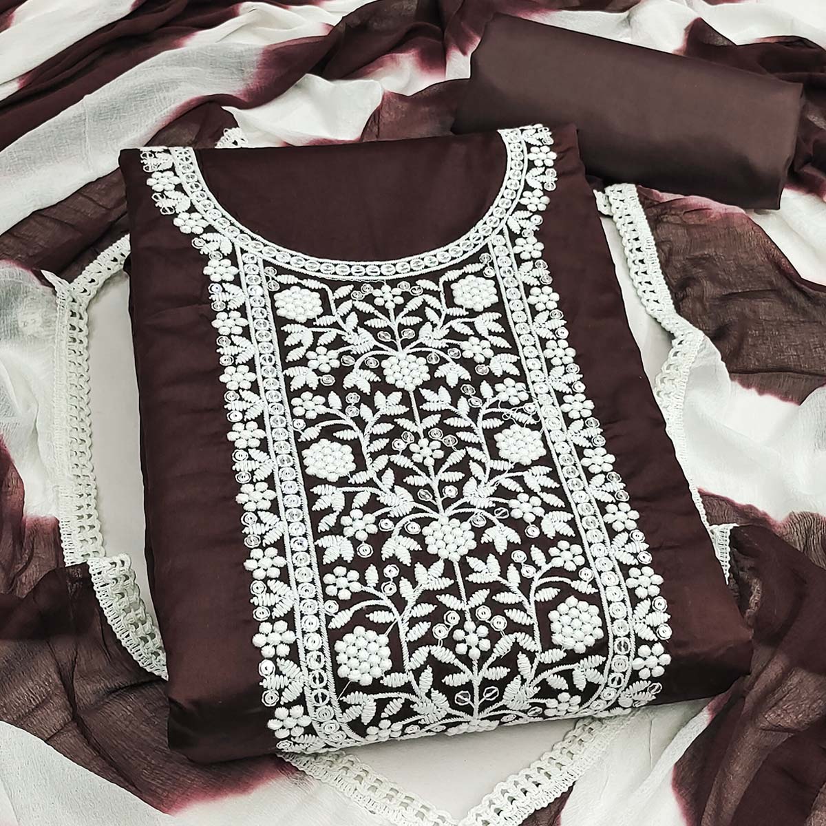 Designer Brown Pure Cotton Dress Material Showcasing Floral Thread Embroidery & Luxe Sequins Work