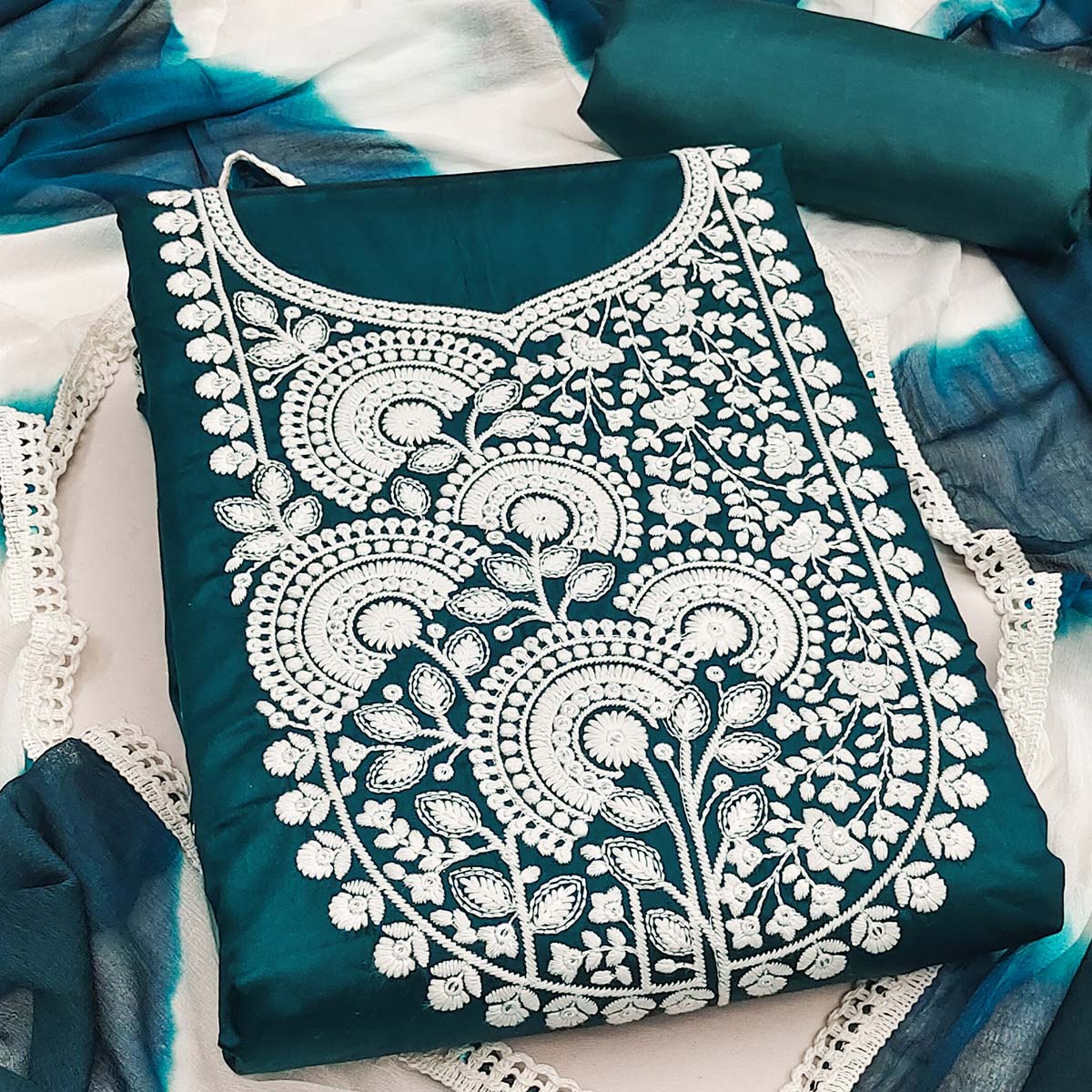 Designer Teal Pure Cotton Dress Material Showcasing Floral Thread Embroidery & Luxe Sequins Work