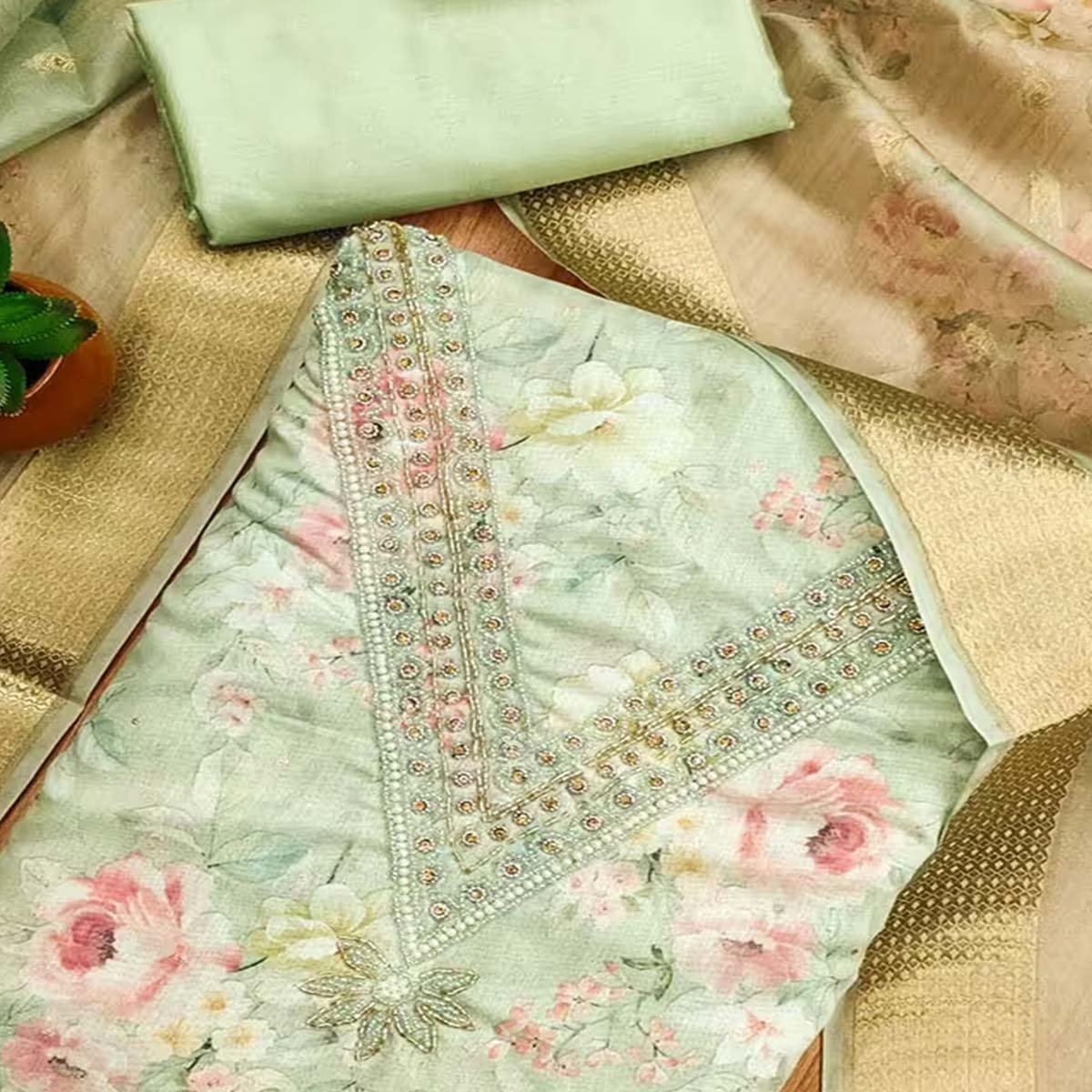 Charming Green Floral Digital Printed Chanderi Silk Dress Material Adorned With Moti Khatli Work