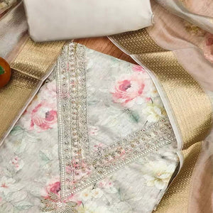 Charming Grey Floral Digital Printed Chanderi Silk Dress Material Adorned With Moti Khatli Work