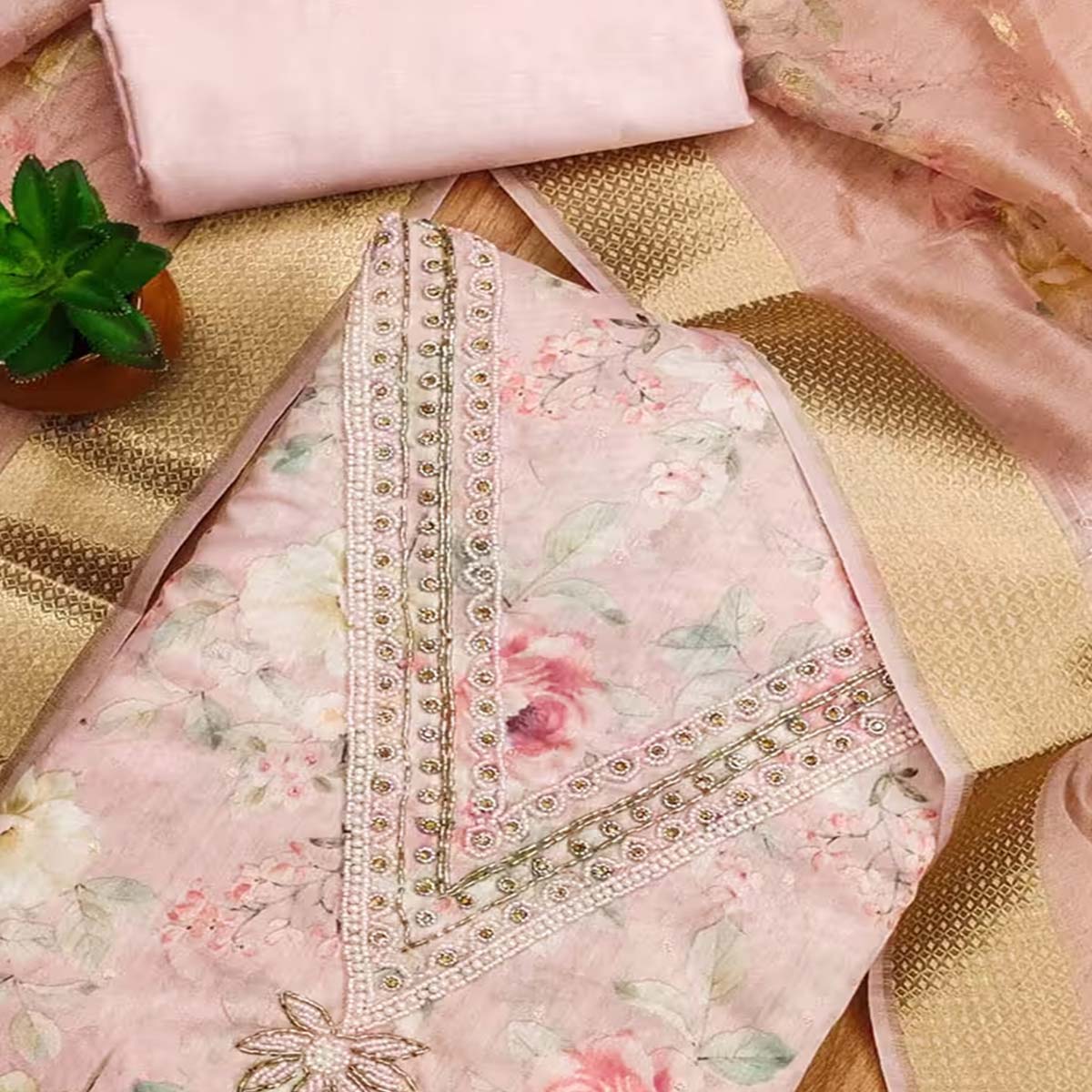 Charming Pink Floral Digital Printed Chanderi Silk Dress Material Adorned With Moti Khatli Work