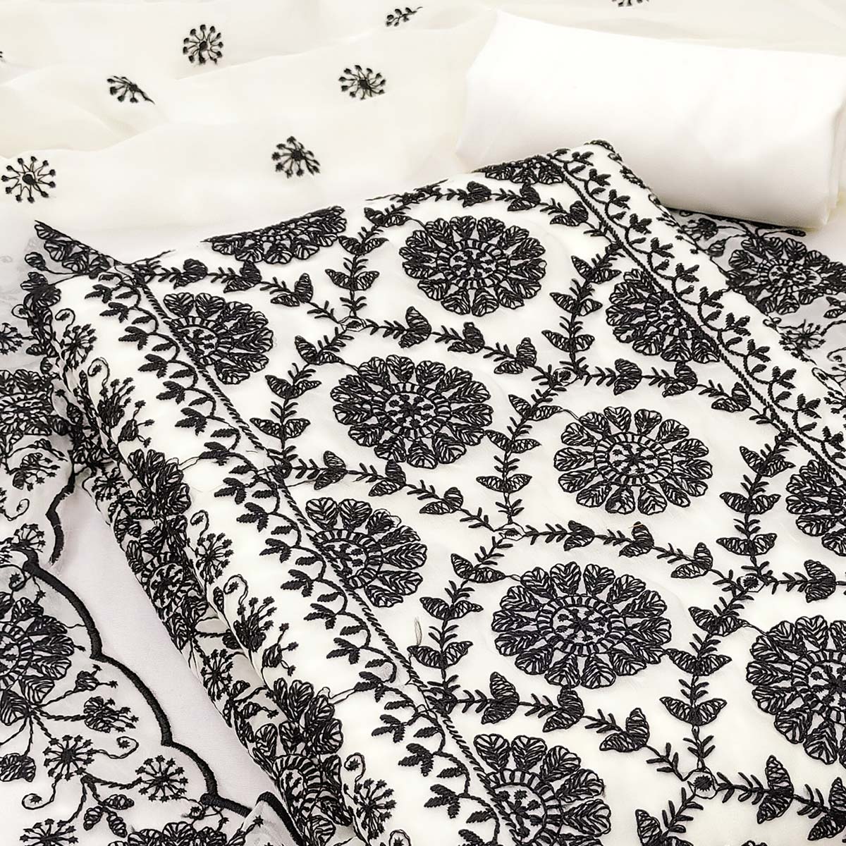 Classic Cream Floral Thread Embroidered Georgette Dress Material With Timeless Appeal