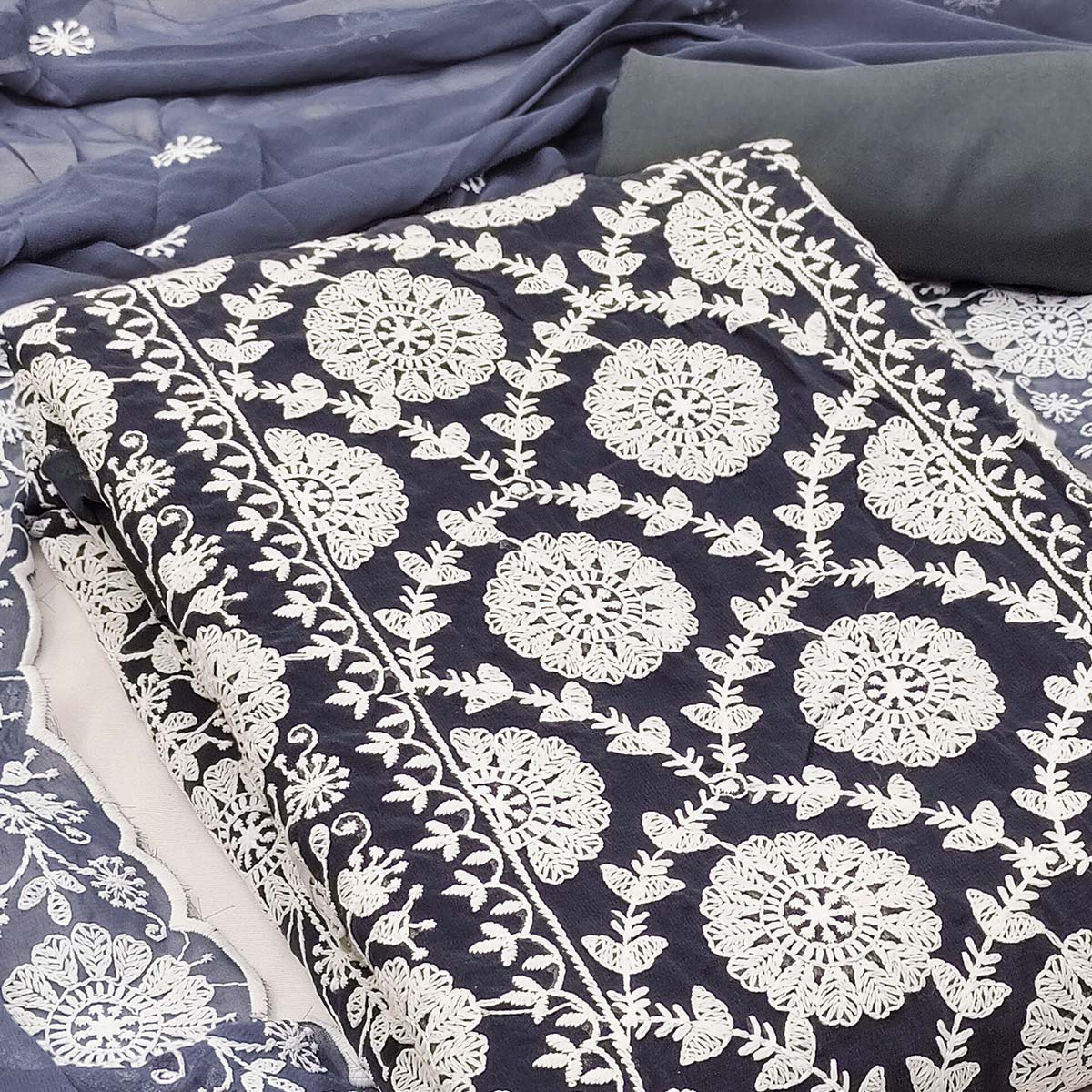 Classic Dark Grey Floral Thread Embroidered Georgette Dress Material With Timeless Appeal