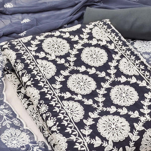 Classic Dark Grey Floral Thread Embroidered Georgette Dress Material With Timeless Appeal