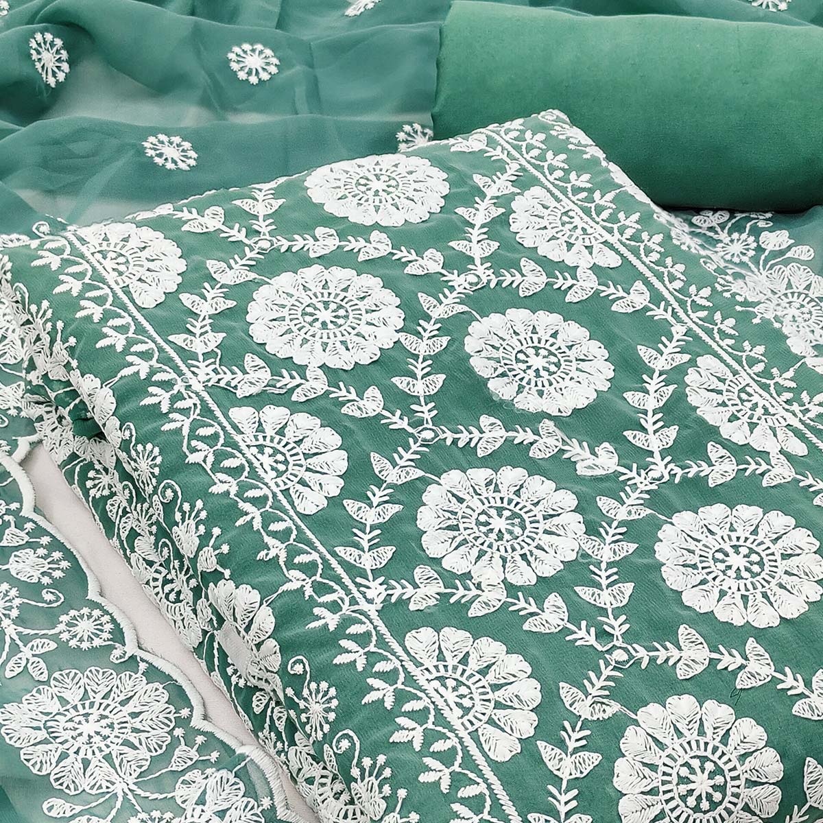 Classic Dark Mint Green Floral Thread Embroidered Georgette Dress Material With Timeless Appeal