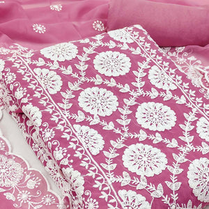 Classic Pink Floral Thread Embroidered Georgette Dress Material With Timeless Appeal