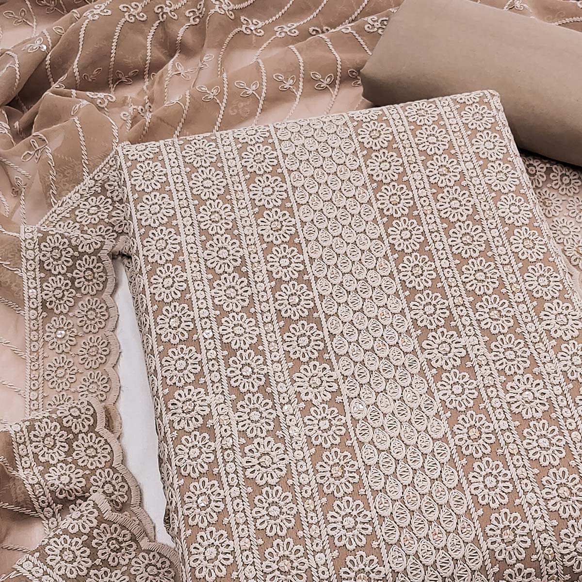 Elegant Brown Floral Thread Embroidered With Sequins Work Georgette Dress Material