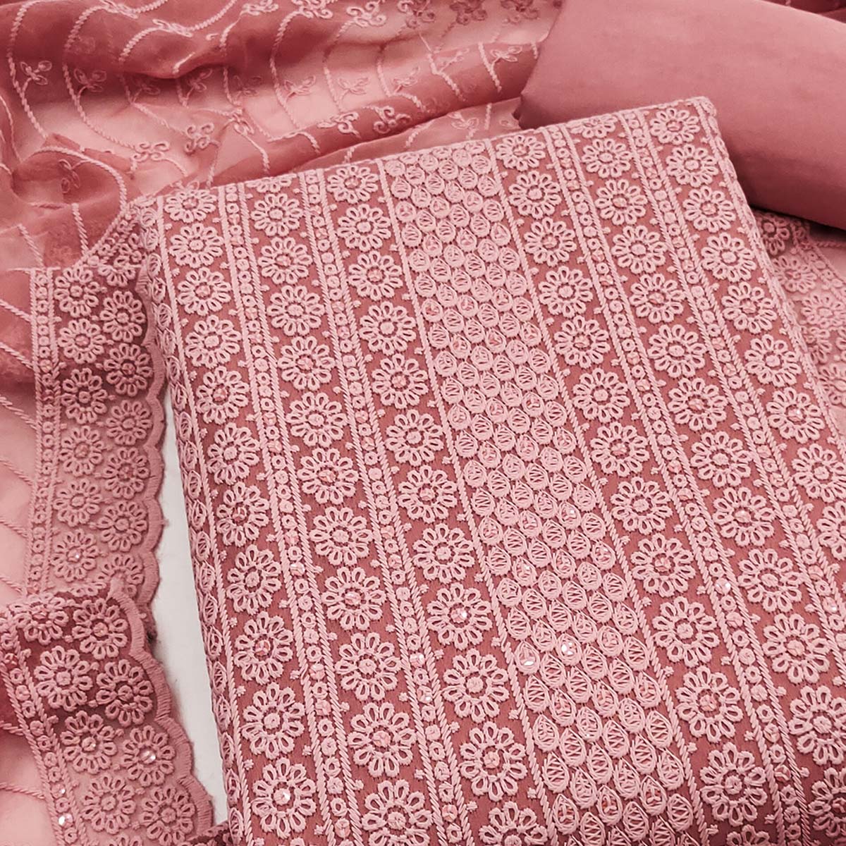 Elegant Dusty Rose Pink Floral Thread Embroidered With Sequins Work Georgette Dress Material