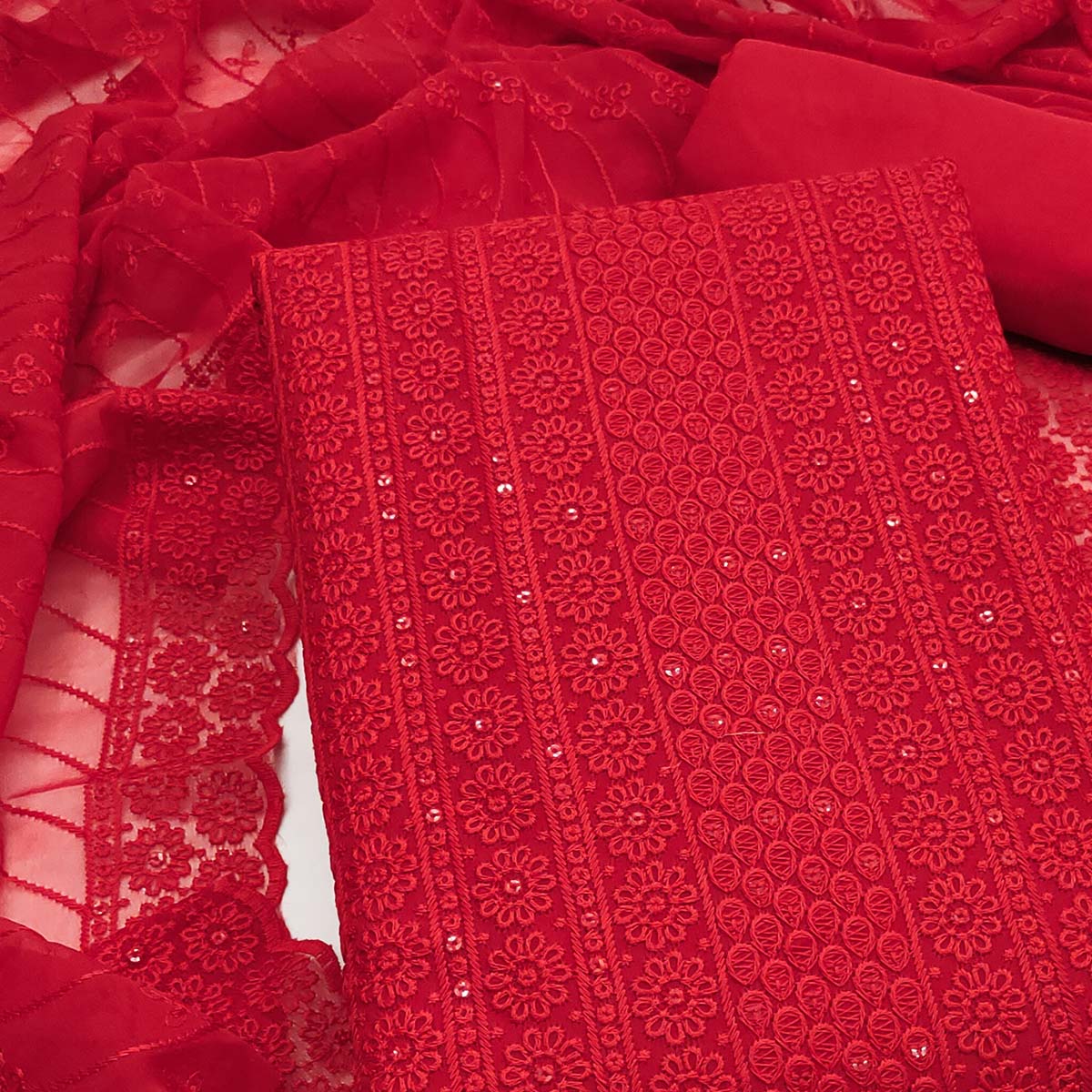 Elegant Red Floral Thread Embroidered With Sequins Work Georgette Dress Material