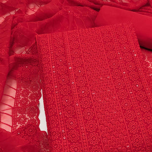 Elegant Red Floral Thread Embroidered With Sequins Work Georgette Dress Material