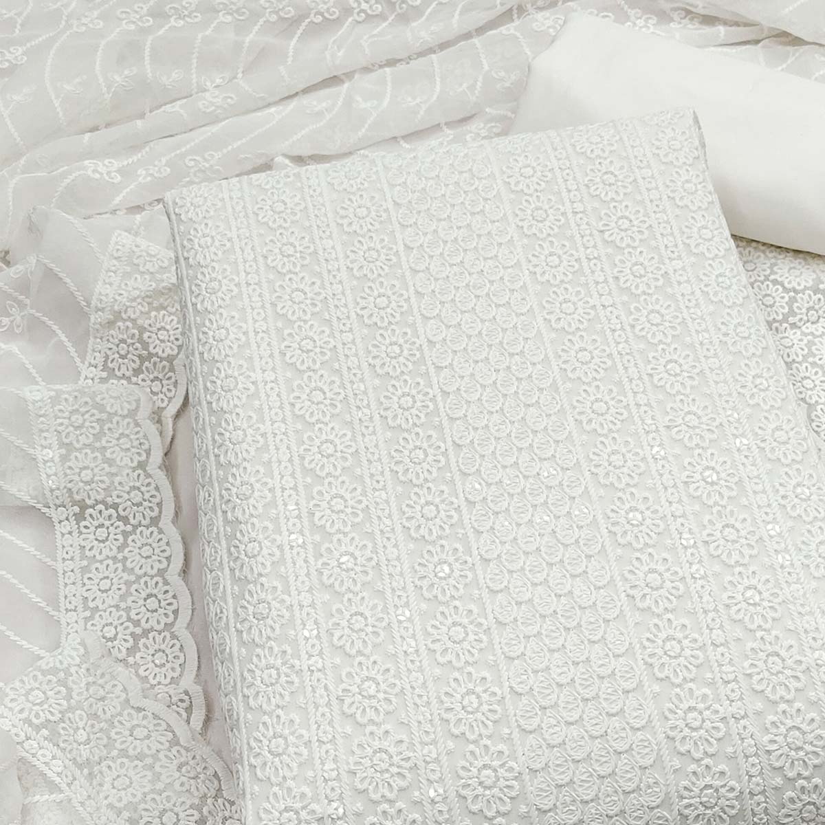 Elegant White Floral Thread Embroidered With Sequins Work Georgette Dress Material