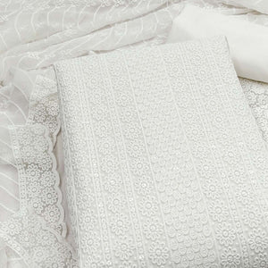 Elegant White Floral Thread Embroidered With Sequins Work Georgette Dress Material