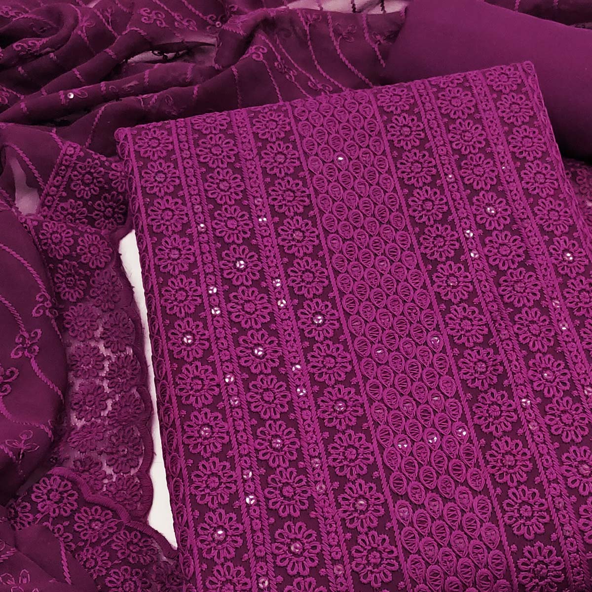 Elegant Wine Floral Thread Embroidered With Sequins Work Georgette Dress Material