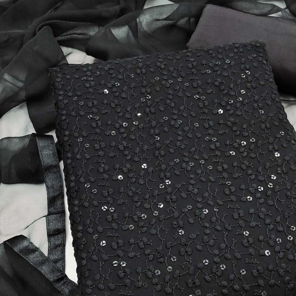 Stylish Black Thread Embroidered With Sequins Work Georgette Dress Material For Ethnic Styling