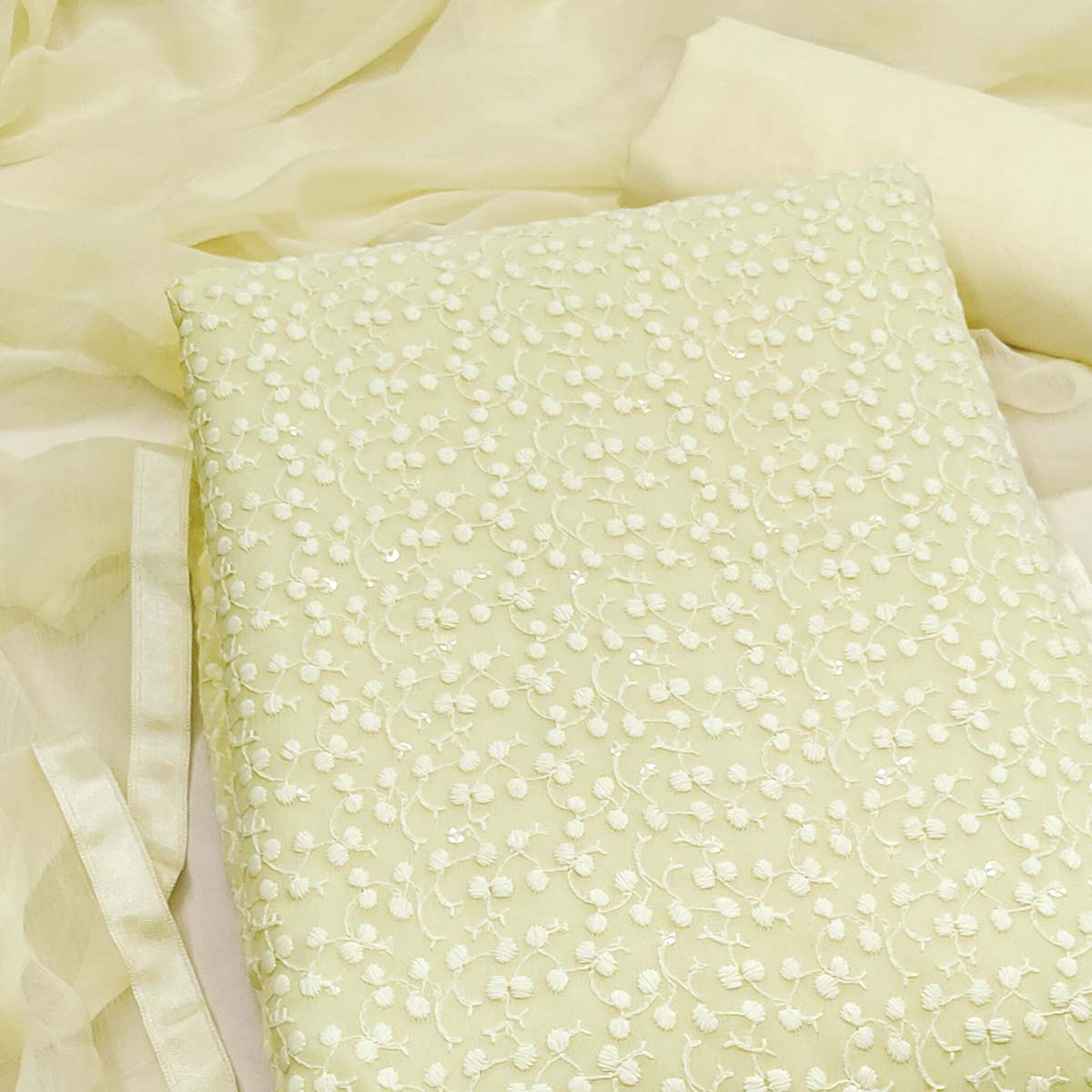 Stylish Cream Thread Embroidered With Sequins Work Georgette Dress Material For Ethnic Styling