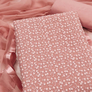 Stylish Dusty Peach Thread Embroidered With Sequin Work Georgette Dress Material For Ethnic Styling