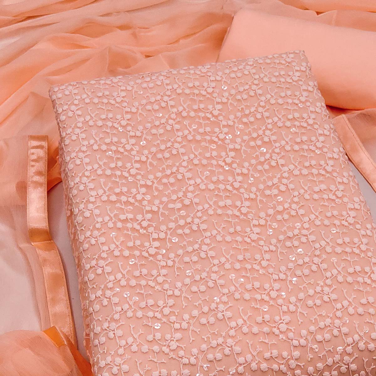 Stylish Peach Thread Embroidered With Sequins Work Georgette Dress Material For Ethnic Styling