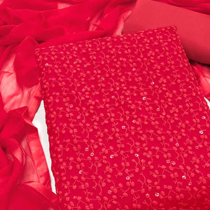 Stylish Red Thread Embroidered With Sequins Work Georgette Dress Material For Ethnic Styling