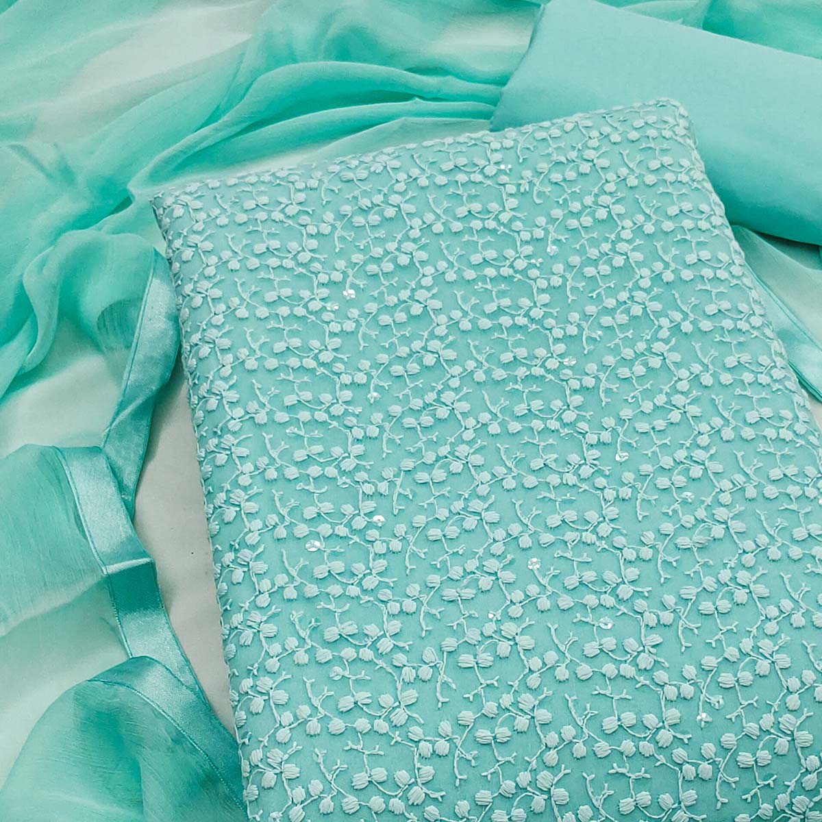 Stylish Turquoise Thread Embroidered With Sequins Work Georgette Dress Material For Ethnic Styling