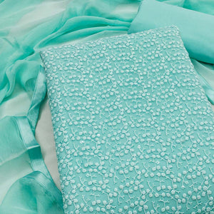 Stylish Turquoise Thread Embroidered With Sequins Work Georgette Dress Material For Ethnic Styling