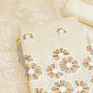 Elegant Cream Floral Thread Embroidered Chanderi Silk Dress Material