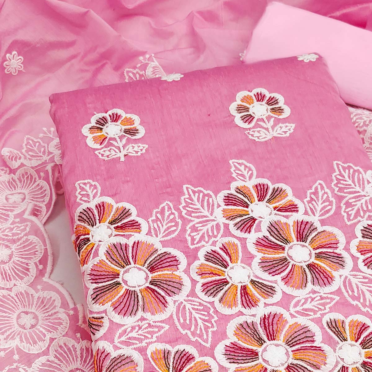 Elegant Pink Floral Thread Embroidered Chanderi Silk Dress Material