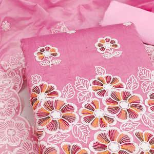 Elegant Pink Floral Thread Embroidered Chanderi Silk Dress Material