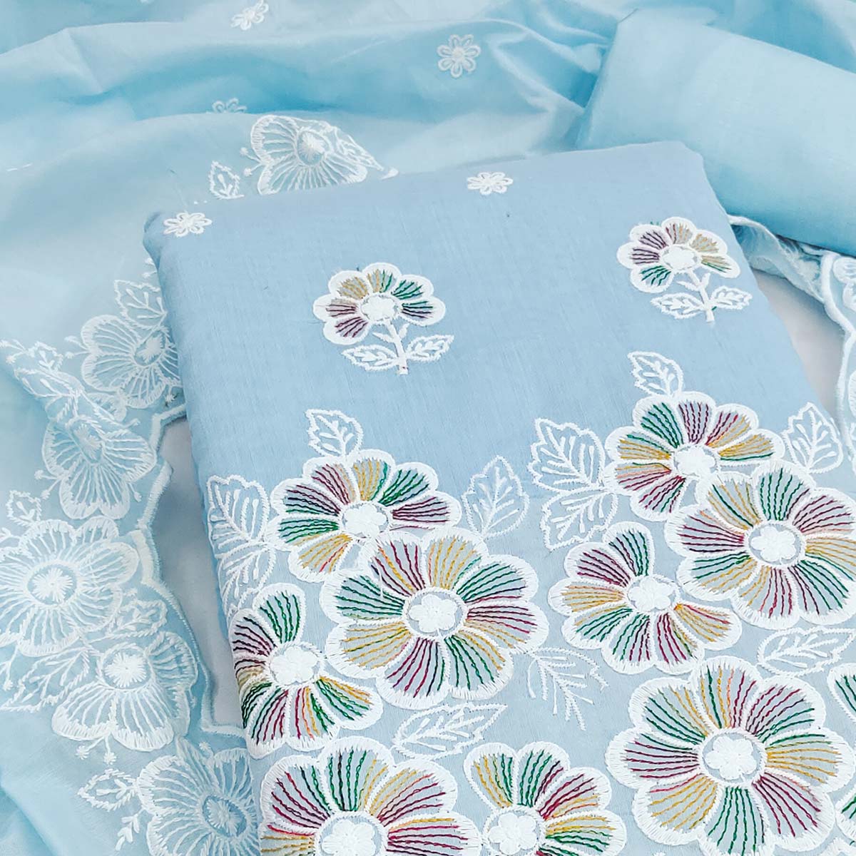 Elegant Sky Blue Floral Thread Embroidered Chanderi Silk Dress Material