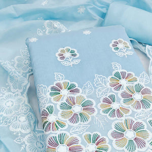 Elegant Sky Blue Floral Thread Embroidered Chanderi Silk Dress Material