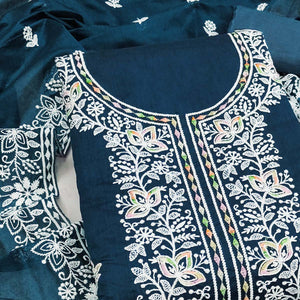 Graceful Blue Floral Thread Embroidery Chanderi Silk Designer Dress Material